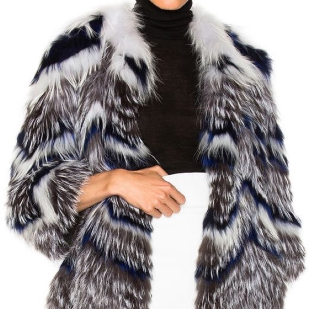 Grey & Multicolor Yves Salomon raccoon /Fox Fur Jacket Size EU 40 /US 10 - Picture 4 of 10